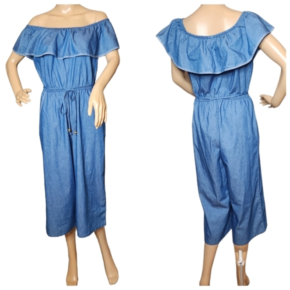WRAPPER chambray blue belted cropped wideleg jumper, pockets. Size Medium - Picture 1 of 16